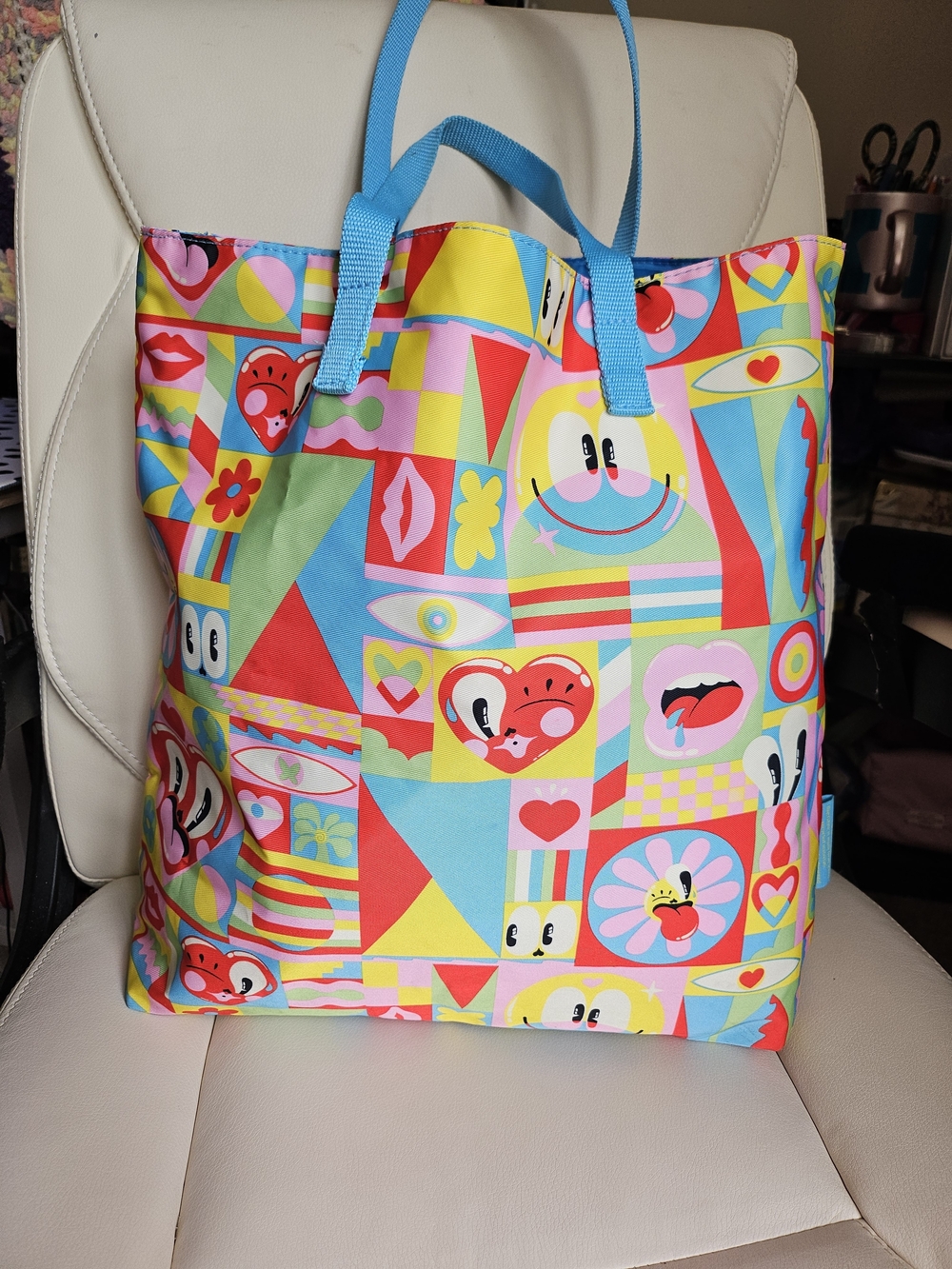 Estee Lauder Colorful Patchwork Tote with Blue Handles